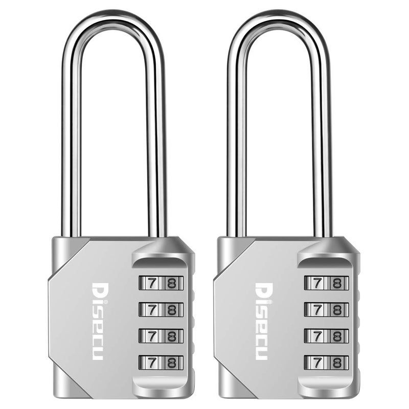Disecu 2 Pack disecu 2.6 Inch Long Shackle Combination Lock, 4 Digit Outdoor Waterproof Padlock for School Gym Locker, Sports Locker, Storage Unit, Gate, Fence, Toolbox, Cabinet (Silver) - Image 1
